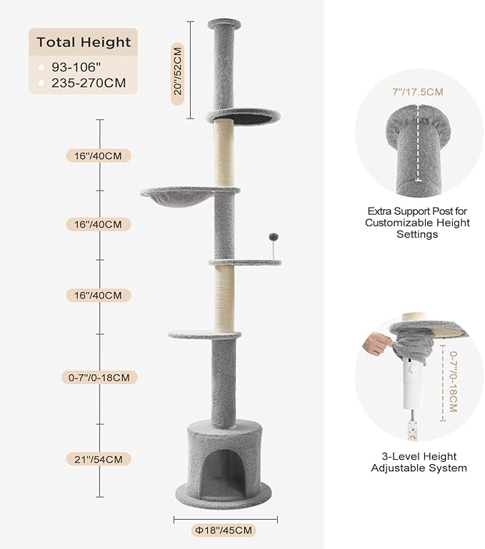 Made4Pets Floor to Ceiling Cat Tree 93-106'',Tall Cat Tower 5 Tiers,Adjustable Height, Stable Cat Tree Tower with Scratching Posts, Fluffy Condo, Hammock and Ball Toy for Indoor Cats/Kitten, Gray-Mewly Pet