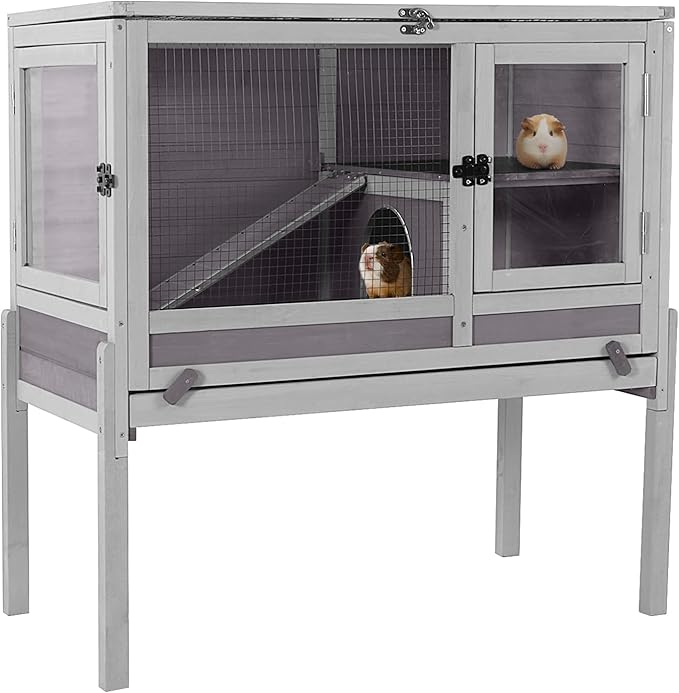 GUTINNEEN Rabbit Hutch Bunny House, 36.6" L Rabbit Cage with Anti Chewing Ramp, Guinea Pig Cage with Cooling Galvanized Sheet, Detachable Legs(Grey)-Mewly Pet