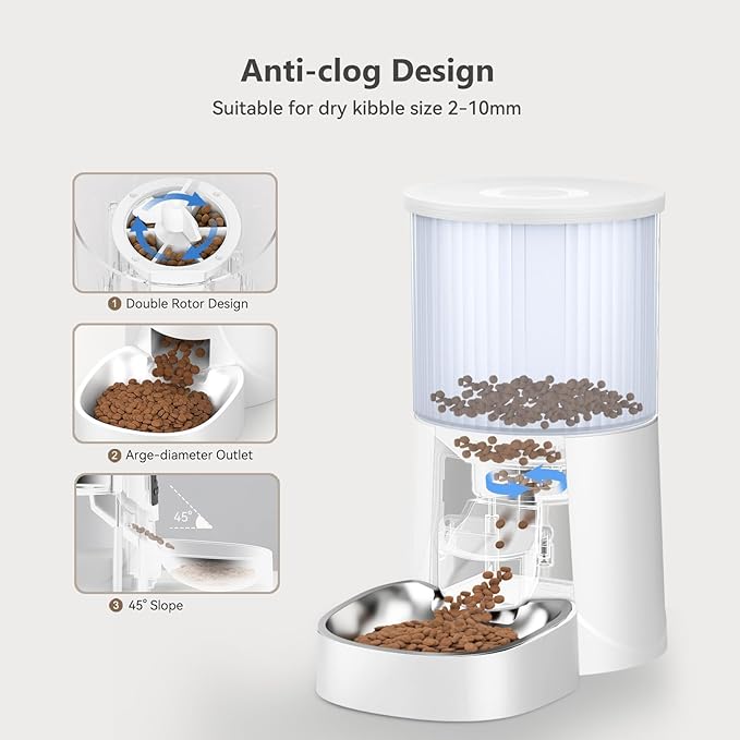 Automatic Cat Feeder: 4L Timed Cats Food Dispenser Programmable 1-6 Meal for Cat and Small Medium Dog- Auto Pet Feeder Dual Power Supply with Stainless Steel& | Detachable Washable White-Mewly Pet