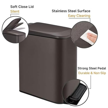 TIPGO Slim Bathroom Trash Can with Lid Soft Close, Step Pedal, 6 Liter / 1.6 Gallon Stainless Steel Trash Bin, Small Garbage Cans for Bedroom, Office, Kitchen (Brown)