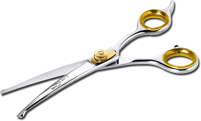 Sharf Dog Grooming Scissors, Gold Touch 6.5 Inch Curved Sharp Professional Pet Grooming Shear with Safety Round Tip, Ball Point for Safe and Easy Use Even for Nose, Ear and Face-Mewly Pet