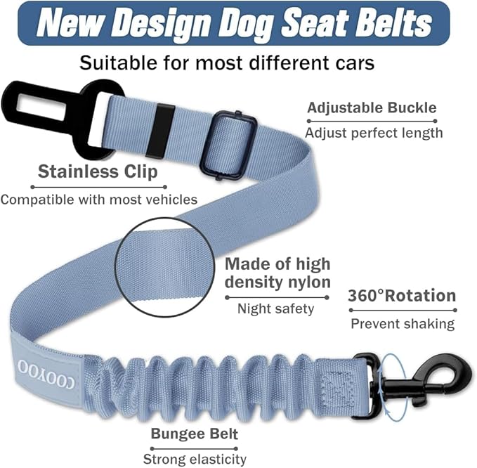 COOYOO Dog Seat Belt,Retractable Dog Car Harness Seat Belt for Car Adjustable Nylon Pet Safety Seat Belts Heavy Duty & Elastic Bungee Buffer-Mewly Pet