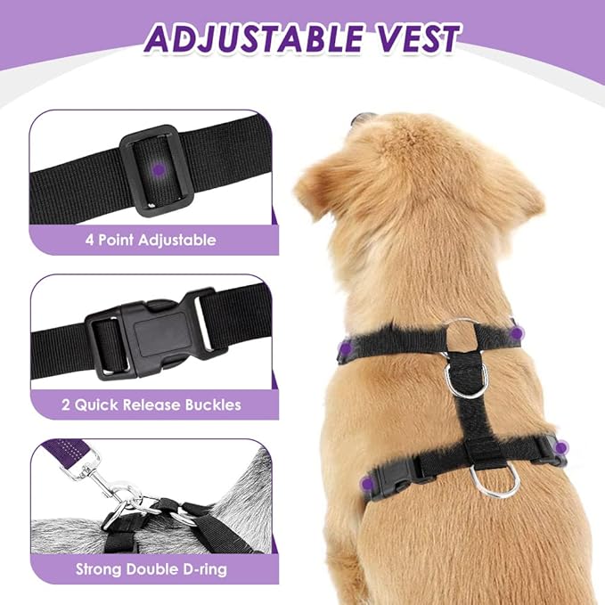 Lukovee Dog Safety Vest Harness with Seatbelt, Seat Belt Adjustable Pet Harnesses Double Breathable Mesh Fabric with Car Vehicle Connector Strap for Dog (Medium, Purple)-Mewly Pet
