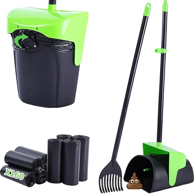Pooper Scooper Large Swivel Bin & Rake with 160 Waste Bags,Heavy Duty Dog Pooper Scooper with Bag Attachment for Large Small Dogs, Long Handle Poop Scooper with Lid for Yard, Grass, Gravel (Green)-Mewly Pet