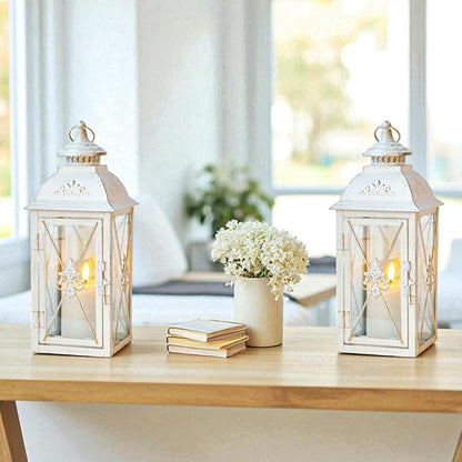 TRIROCKS Set of 2 Vintage Hanging Lantern - 13.5'' Decorative Metal & Tempered Glass Candle Holder - Ideal for Indoor/Outdoor Events, Patio, Garden, Parties White & Gold Brush Finish