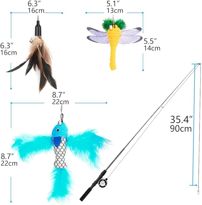 Pawaboo Cat Feather Toys, 4 Pack Interactive Cat feather Teaser Wand Toys, Retractable Fishing Pole Wand Catcher Exerciser with Refill Fish, Dragonfly Worm with Bells, Fun Cat Kitten Kitty Playing Toy-Mewly Pet