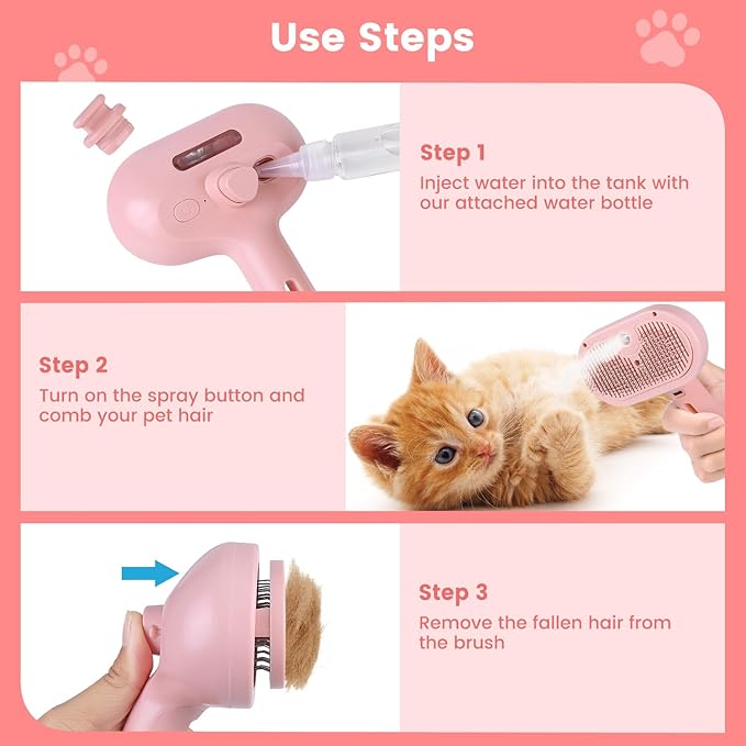 Steam Brush for Shedding Pets - Self-Cleaning Grooming Comb with Water Tank for Long & Short Haired Cats and Dogs (Pink)-Mewly Pet
