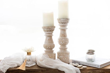 Kurrajong Farmhouse Candle Holders - Boho Set of 2 Tall Candle Stands | Decorative Wood 10" and 12" high | White Washed Candle Holders for Pillar Candles