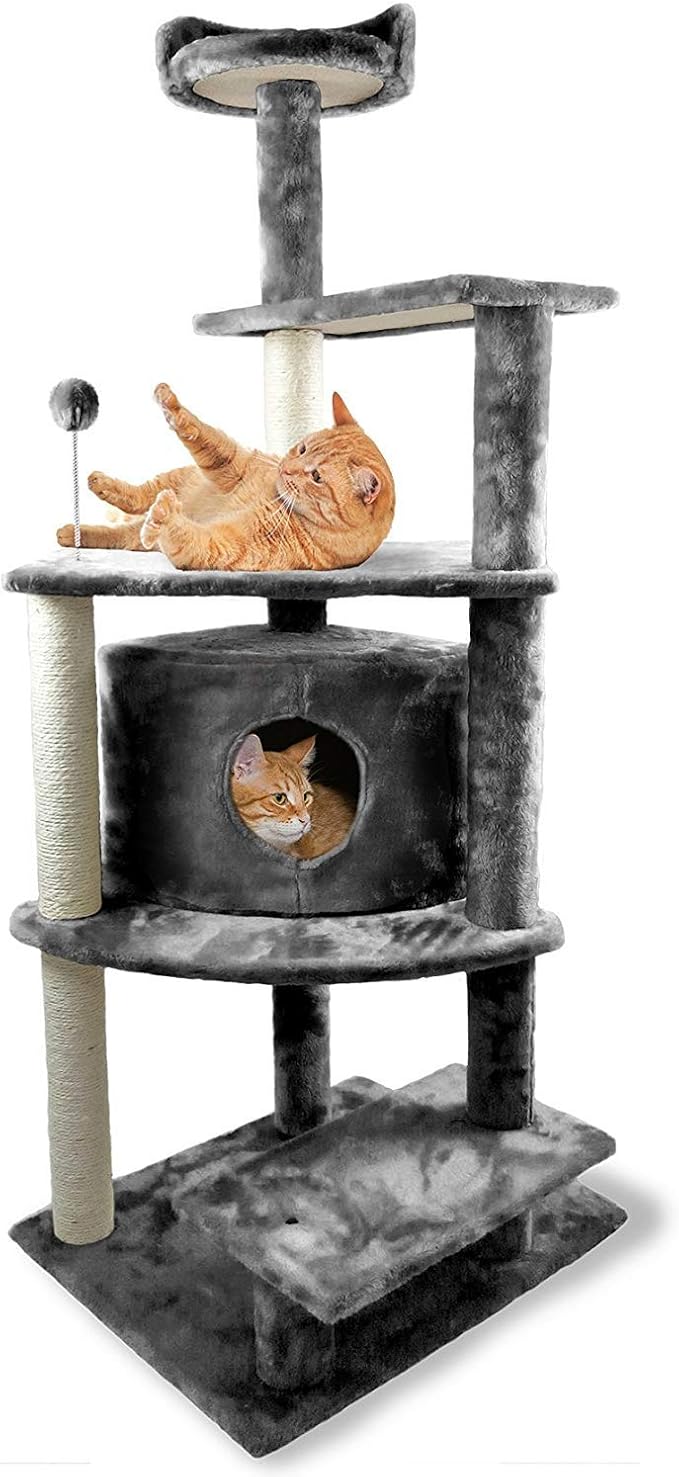Furhaven 59.8" Tall Cat Tree for Indoor Cats, Ft. Sisal Scratching Posts, Condo, & Toys - Tiger Tough Platform House Interactive Playground Tower - Gray, One Size-Mewly Pet