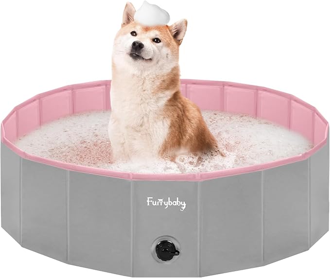 Furrybaby Dog Pool, Kiddie Pool with Hard Plate Collapsible Pet Bath Foldable Swimming Pet Pool Portable Pink 39''-Mewly Pet