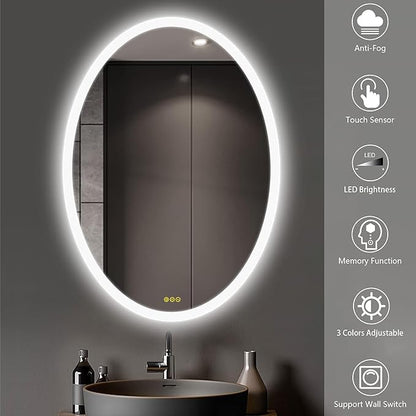 Wall-Mounted LED Oval Bathroom Mirror, Makeup Mirror (32 inches x 24 inches,) 3 Color Stepless Dimmable Memory Bathroom Vanity Mirror with Lights CRI90+ 3000-6400K Smart Mirror with Touch
