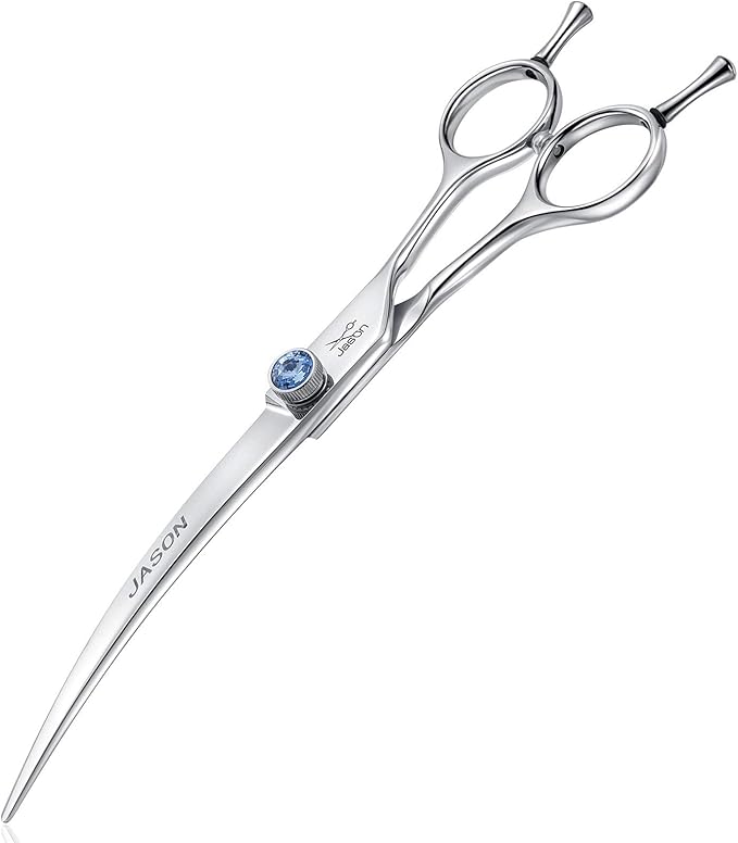 JASON 7" Curved Dog Grooming Scissors, Ergonomic Pets Cats Trimming Shears with Offset Handle and a Jewelled Screw for Right Handed Groomers, Sharp, Comfortable-Mewly Pet