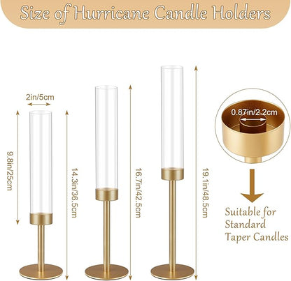 3Pcs Hurricane Glass Candle Holders Gold Candlestick Holders Taper Candle Holder with 9.8" Windproof Clear Cylinder Covers for Outdoor Indoor Tall Candle Stick Holder Decor for Wedding Party Fireplace