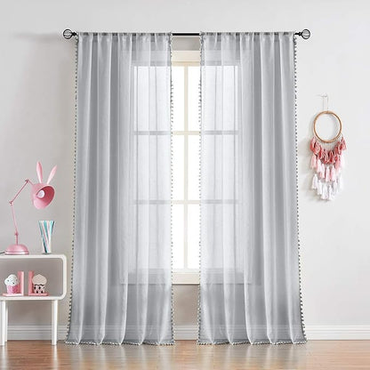 Treatmentex Pompom Sheer Curtains for Bedroom Windows 72" Light Grey Linen Texture Curtain Panels for Living Room Office 2panels