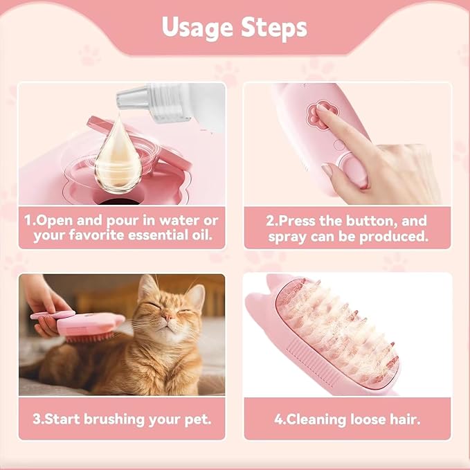4 in 1 Cat Steam Brush Rechargeable pet spray comb Steam Brush for Cats and Dogs, Massage, Cleaning, Shedding & Combing Multifunctional Hair Removal Anti Static Grooming Tool for home (Pink)-Mewly Pet