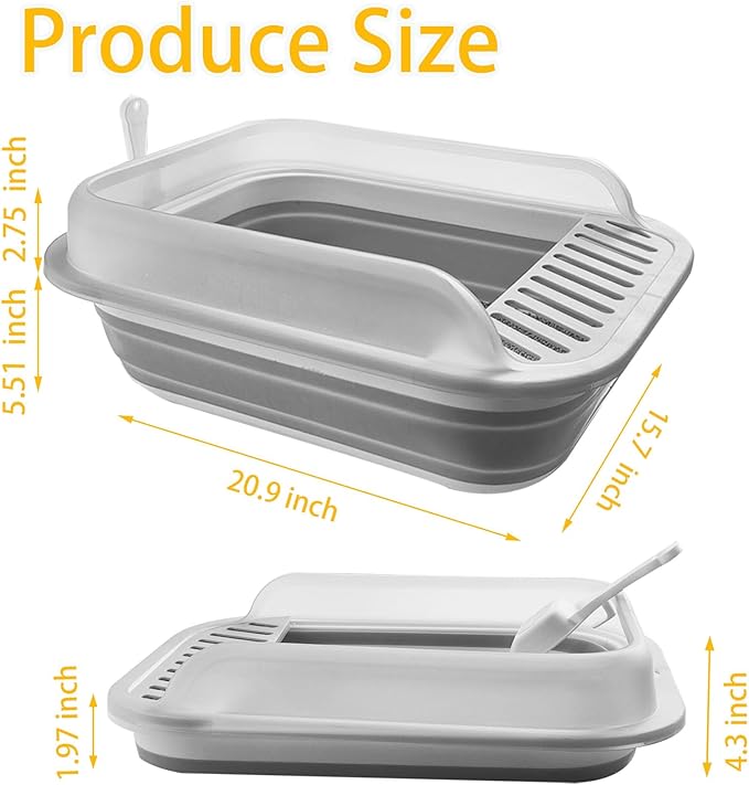 Open Cat Litter Box with High Side, 20.67 X 15.16 inch Anti-Splashing Kitty Litter Pan Collapsible Travel Litter Potty Pan Scoop Leak-Proof Pedal Cat Toilet No Smell Easy Clean (L Gray High Side)-Mewly Pet