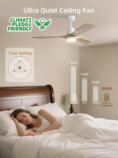 Sofucor 52 Inch Smart Ceiling Fans with Lights and Alexa/Google Assistant/APP/Remote Control-Modern Solid Wood Outdoor 3 Blades Ceiling Fan for Bedroom Living Room Indoor Farmhouse Patio, Natural Wood
