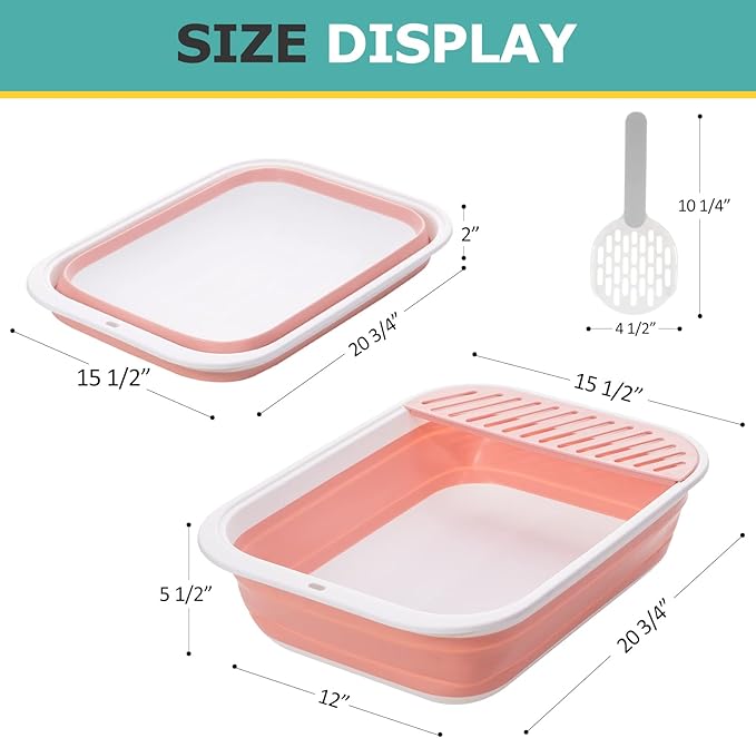 Open Top Cat Litter Box, Large Foldable Cat Potty Height-Adjustable Sides Anti-Splash, Open Air Kitty Litter Pan No Smell, Cat Toilet Easy Clean with Cat Litter Scoop (Pink)-Mewly Pet