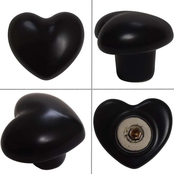 Ceramic Drawer Knobs Heart Shape Cabinet Dresser Pulls Handles with 3 Sized Screws, Kitchen Furniture Knobs for Closet Cupboard Wardrobe (6, Black)