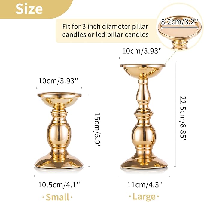 2 Pcs Gold Pillar Candle Holders, Gold Candlestick Most Ideal for 3" Pillar Candles, Gifts for Wedding, Party, Home, Spa, Reiki, Votive Candle (2 x S)