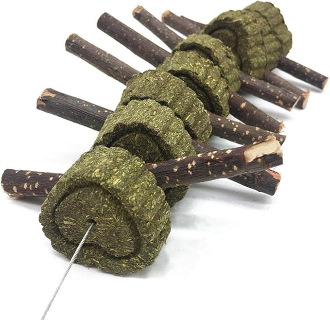 Bunny Chew Toys for Teeth, Organic Apple Wood Molar Sticks with Timothy Hay Circles for Bunny Chinchilla Guinea Pig Hamsters Holland Lop Prairie Dogs Squirrels Gerbils, Improves Dental Health-Mewly Pet