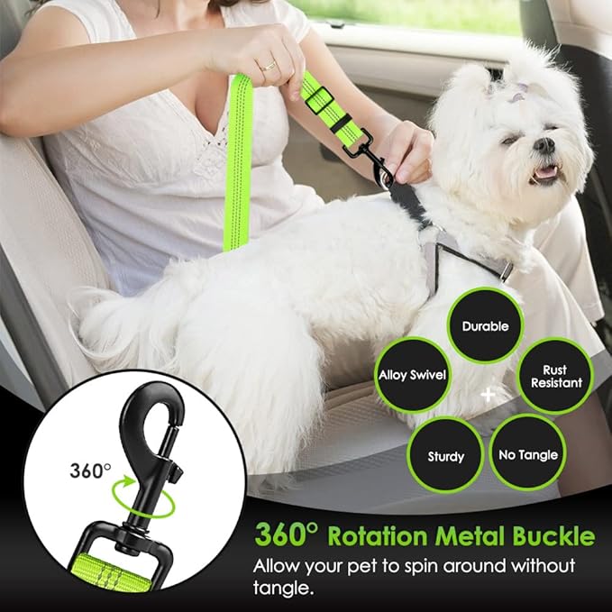 SlowTon Dog Seat Belt, Adjustable Dog Safety Belt Leash, 2 in 1 Latch Bar Attachment Dog Car Seatbelt with Elastic Nylon Bungee Buffer, Reflective Nylon Belt Tether (Lime)-Mewly Pet