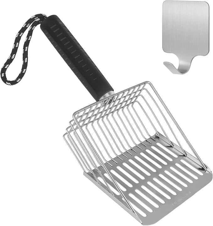 Cat Litter Scoop, Solid and Durable Kitty Metal Scooper, Stainless Steel Sifter, Heavy Duty, for Litter Box, Black Rubber Handle, Included Stainless Steel Hook-Mewly Pet