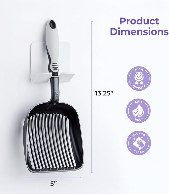 iPrimio Cat Litter Scoop Metal w/ Deep Shovel, Black - Non Stick Plated Aluminum Cat Litter Scooper with Holder - Litter Box Scooper - Metal Cat Litter Scoop - Patented Sifter w/ Holder - Solid Handle-Mewly Pet