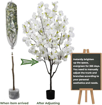 Indoor Cherry Blossoms Tree White Artificial Cherry Blossom Tree 6FT Faux Bedroom Trees for Home Decor