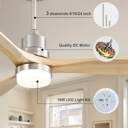 Sofucor 52 Inch Ceiling Fans With Lights, Solid Wood Indoor/Outdoor Ceiling Fan with Lights Remote Control, Reversible DC Motor, 3 Blade Modern Ceiling Fan Light for Bedroom Patio Farmhouse