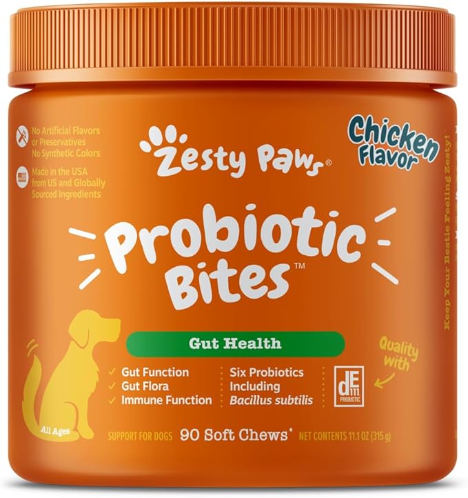 Zesty Paws Probiotics for Dogs, Digestive Enzymes Gut Flora, Digestive Health, Diarrhea & Bowel Support, DE111, Dog Probiotics Soft Chew for Pet Immune System, Chicken, 90 Ct-Mewly Pet