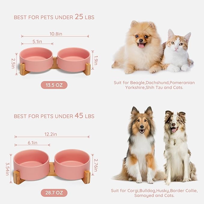 SPUNKYJUNKY Ceramic Dog and Cat Bowl with Wood Stand Non-Slip Matte Glaze Weighted Food Water Set for Cat Medium Dog 28.7 OZ-Mewly Pet