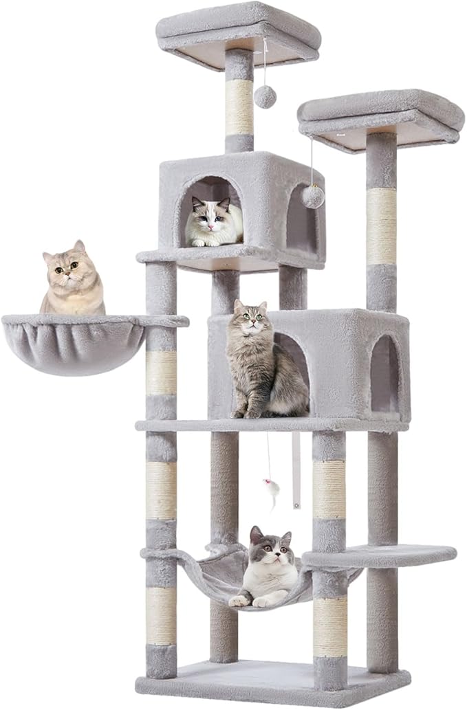 Taoqimiao 66-Inch Cat Tree Cat Tower for Indoor Cats, Plush Multi-Level Cat Condo with 7 Scratching Posts, 2 Perches, 2 Caves, Hammock, 2 Pompoms MS013W Light Gray-Mewly Pet
