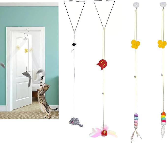 GUCHO Cat Toys for Indoor Toys,Rainbow Cat Wand Toys,Feather Flips Plush Ball Cat Toys,Interactive Real Feather Cat Toy for Teaser Play and Chase Exercise with Kitten 4 Pack-Mewly Pet