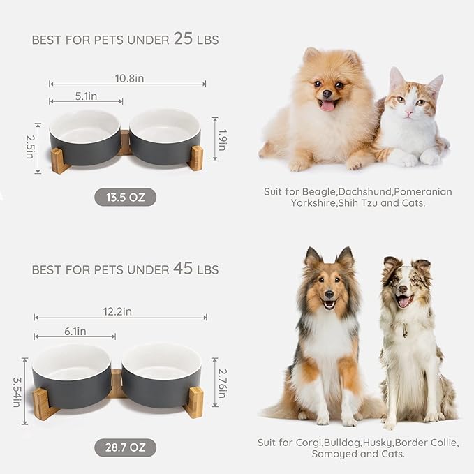 SPUNKYJUNKY Ceramic Dog and Cat Bowl Set with Wooden Stand, Modern Cute Weighted Food Water Set for Small Size Dogs (13.5OZ) & Medium Sized Dogs (28.7OZ) & Cats (3.6 Cups, 2 × White-Grey)-Mewly Pet