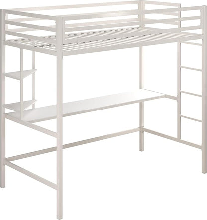 Novogratz Maxwell Metal Twin Loft Bed with Desk & Shelves, Off White/Off White