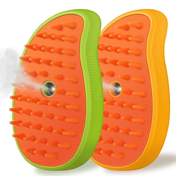Cat Steam Brush, 3 in 1 Pet Steamy Brush, Silicone Grooming Comb with Steam, Pet Hair Remover Misting Comb for Indoor Cats Dogs(Mango Yellow/Green)-Mewly Pet