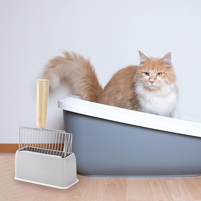 Hiceeden Set of 2 Cat Litter Scoop with Holder, Metal Kitty Litter Scoop Holder with Wooden Handle, Cat Poop Scooper for Kitten Litter Box, Fast Sifting, Gray and Blue-Mewly Pet