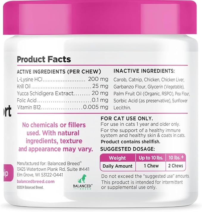 Balanced Breed L-Lysine Cats Immune Support Soft Chews Made in USA Vet-Pharmacist Approved Seasonal Allergy Relief Cat Vitamins Indoor Cats Supplements Krill Oil Asthma Relief Cat Lysine Treats NonGMO-Mewly Pet