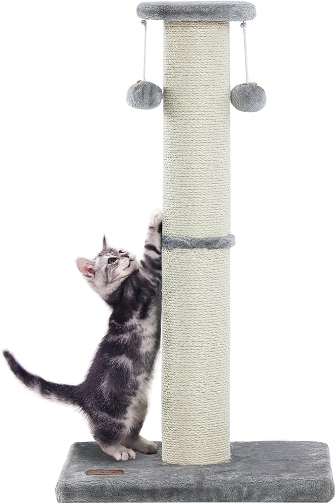 Kilodor 34Inch Tall Cat Scratching Post,4.3Inch Diameter Large Sisal Cat Scratch Post with Ball, Sturdy and Durable Cat Scratcher for Indoor Cats Adults Grey-Mewly Pet