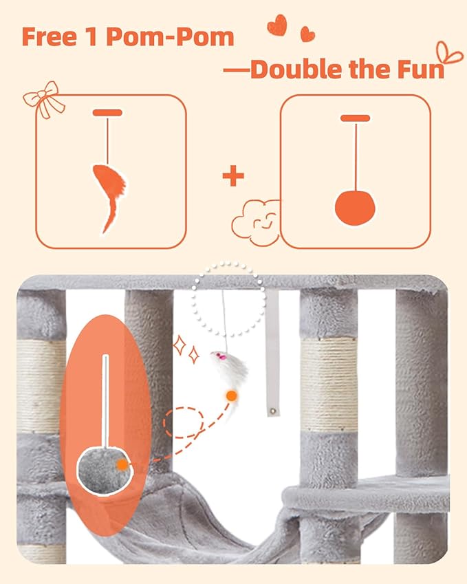 Taoqimiao 66-Inch Cat Tree Cat Tower for Indoor Cats, Plush Multi-Level Cat Condo with 7 Scratching Posts, 2 Perches, 2 Caves, Hammock, 2 Pompoms MS013W Light Gray-Mewly Pet