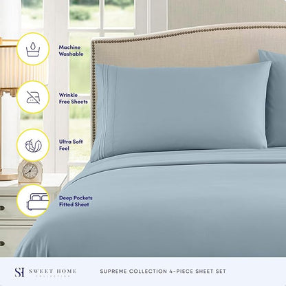 Queen Size Bed Sheets - Breathable Luxury Sheets with Full Elastic & Secure Corner Straps Built In - 1800 Supreme Collection Extra Soft Deep Pocket Bedding Set, Sheet Set, Queen, Misty Blue