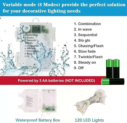 Christmas String Lights, 120 LED Battery Operated String Lights, 42ft IP65 Waterproof Outdoor Fairy Light with Timer 8 Modes for Bedroom,Garden,Party, Indoor Outdoor Decorations, Multicolor
