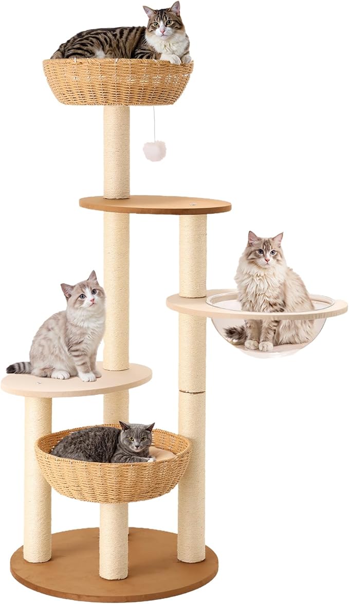 Rattan Cat Climbing Tower Condo with Scratching Post,Capsule,Basket,and Bed Modern Heavy Duty Cat Tree for Indoor Cat Large Adult-Mewly Pet