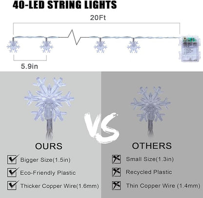 Christmas Snowflake String Lights, 20 FT 40 LED Warm White Battery Operated Fairy Lights with Remote Timer - Bedroom Room Indoor Xmas Tree Decorations