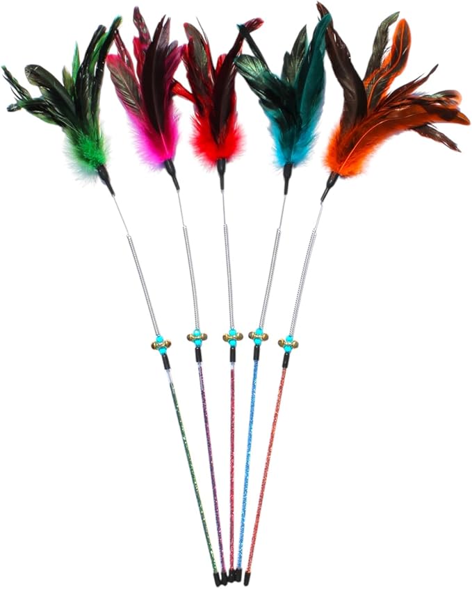 Cat Wand Toy Feather Sticks - 5 Piece Interactive Wands Toy Set with Feathers, Durable Spring Design - Perfect for Engaging Playtime Fun for Kittens and Cats - Cat Toys for Indoor Cats-Mewly Pet