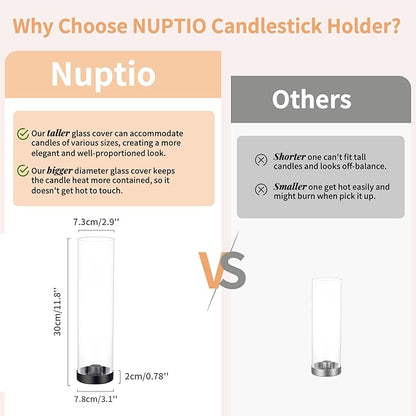 NUPTIO Black Taper Candle Holders: 10 Pcs Bulk 11.81 inch Tall Hurricane Glass Candlestick Tapered Holder Windproof Modern Clear Candles Stand for Outdoor & Indoor Wedding Party Holiday Centerpiece