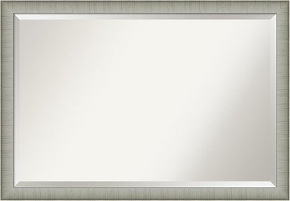 Amanti Art Silver Bathroom Mirror for Over Sink, 27x39 Elegant Brushed Pewter Narrow Rectangle Vanity Mirror, Large Casual Frame, Hangs Horizonally and Vertically, Bathroom Wall Decor, Beveled Edge