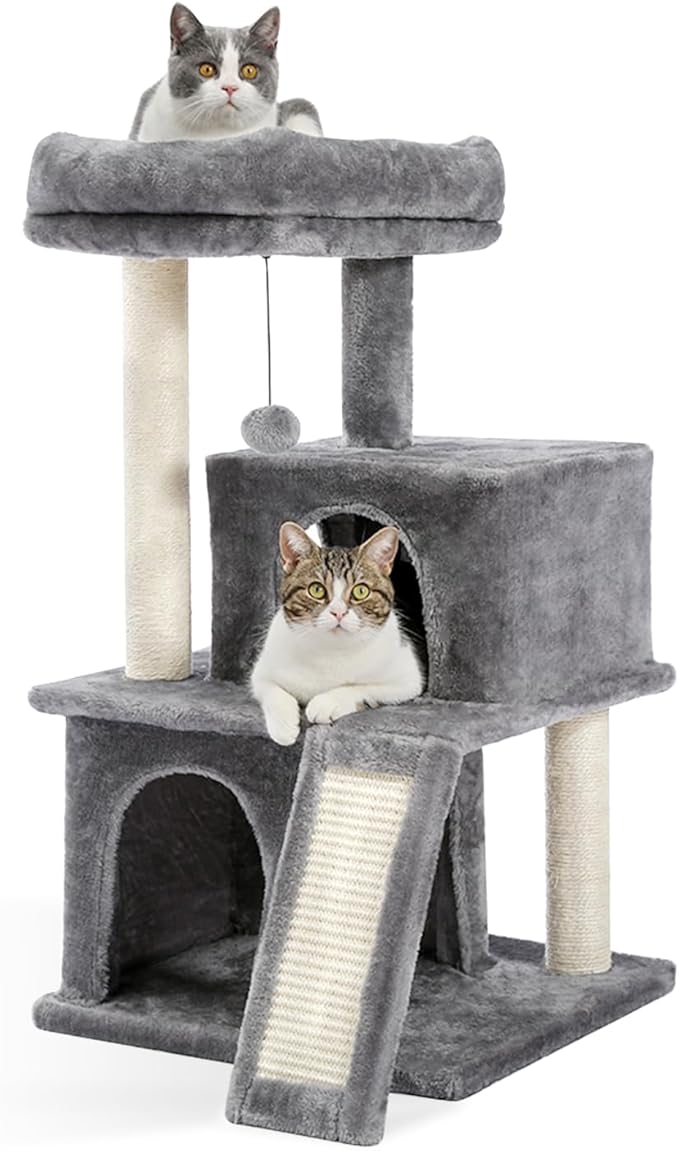 PAWZ Road 34 Inches Cat Tree Multilevel Cat Tower with Double Condos, Spacious Perch, Fully Wrapped Scratching Sisal Post and Replaceable Dangling Balls Gray-Mewly Pet