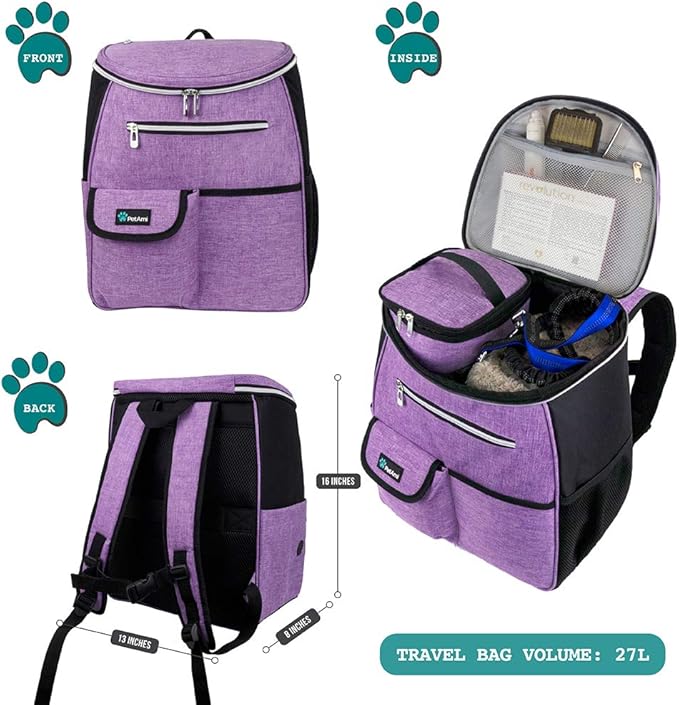 PetAmi Dog Travel Bag Backpack, Airline Approved Dog Bags for Traveling, Puppy Diaper Bag Supplies, Pet Camping Essentials Hiking Accessories Dog Mom Gift, Food Container, Collapsible Bowls, Purple-Mewly Pet